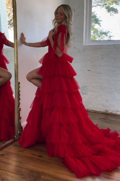 Cute A Line V Neck Red Tiered Tulle Long Prom Dresses with Slit VK24102014