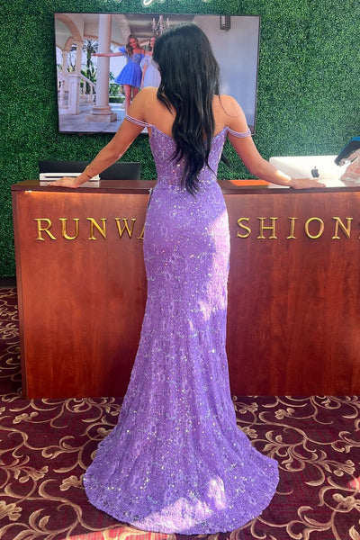 Charming Mermaid Scoop Neck Purple Lace Long Prom Dresses with Beading VK24092202