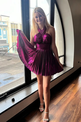 A-Line Halter Keyhole Purple Pleated Short Homecoming Dresses VK082003