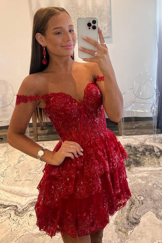 A-Line Off the Shoulder Dark Red Sequins Lace Short Homecoming Dresses VK23062907