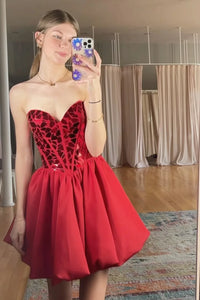 A-Line Red Sweetheart Satin Short Homecoming Dress with Mirror cuts VK24090605