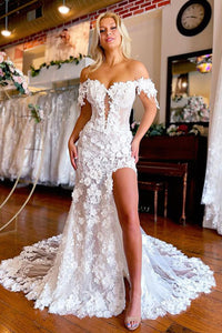 Gorgeous Mermaid V Neck Cap Sleeves Lace Slit Wedding Dresses with 3D Appliques AB081550