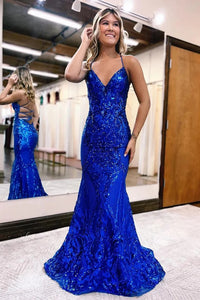 Cute Mermaid Royal Blue V Neck Sequin Lace Long Prom Dresses VK23112405