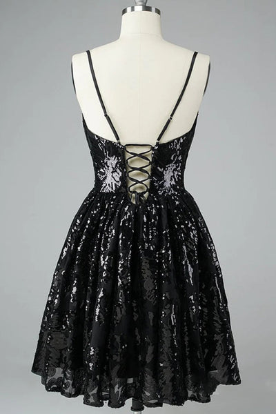 Black Spaghetti Straps V Neck Sequins Short Homecoming Dresses VK23061810-2