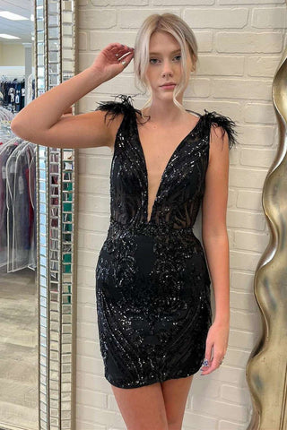 Bodycon Deep V Neck Black Sequins Short Homecoming Dresse VK23092109