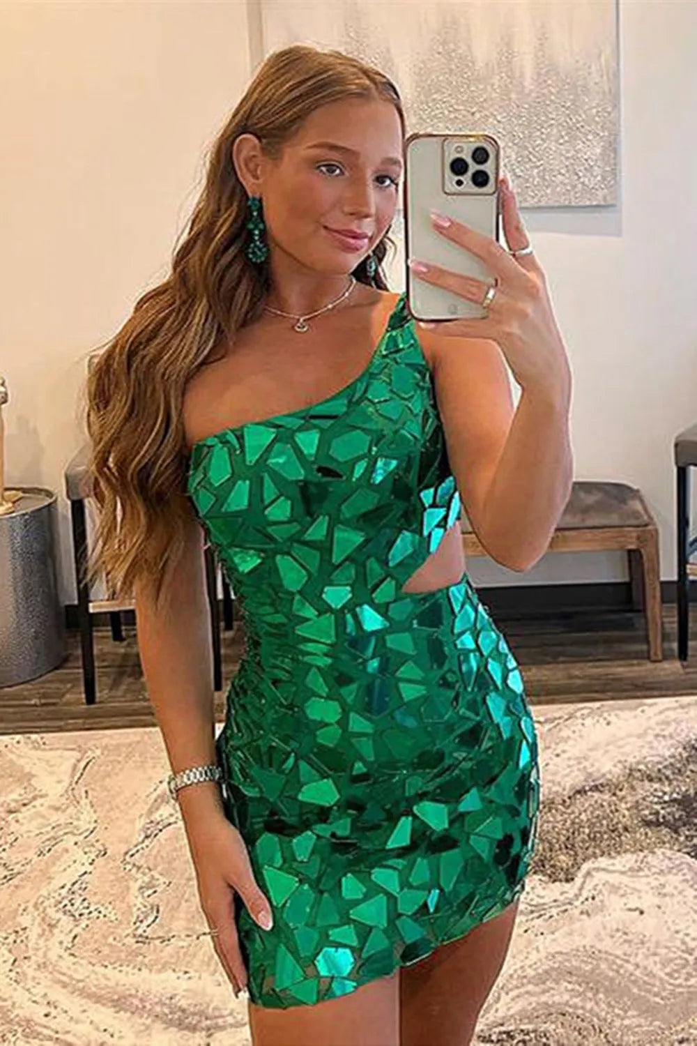 Bodycon One Shoulder Green Mirror Cuts Tight Short Homecoming Dress VK24090604