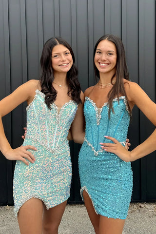 Bodycon Strapless Light Blue Sequins Tight Short Homecoming Dresses with Beadings VK24090603