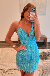 Bodycon V Neck Blue Sequins Tight Short Homecoming Dresses VK24091103