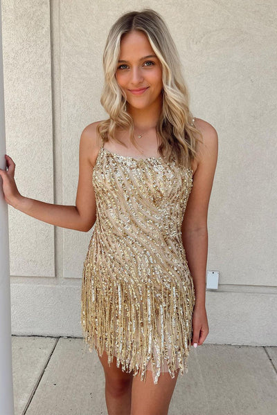 Champagne Sequins Scoop Neck Tight Homecoming Dress VK23090708-2