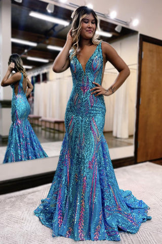 Charming Mermaid V Neck Blue Sequin Lace Long Prom Dresses VK23100607-1