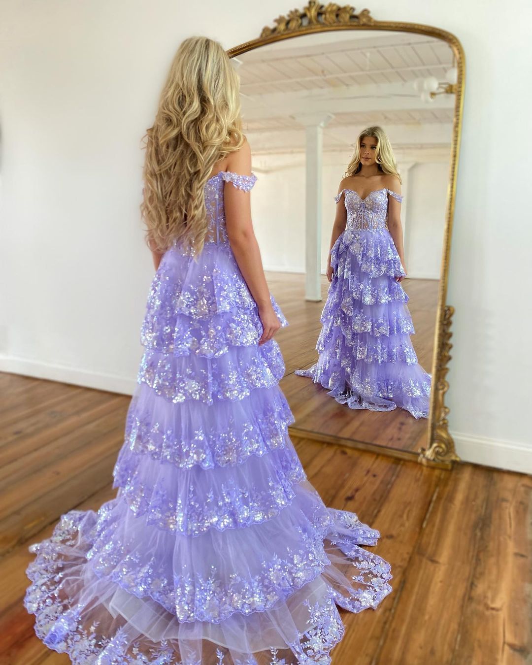 Cute Ball Gown Sweetheart Lavender Tiered Tulle Long Prom Dresses VK23050601-3