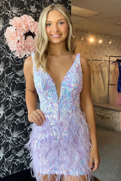 Cute Bodycon V Neck Lavender Sequins Lace Short Homecoming Dress with Feather VK23081504-1