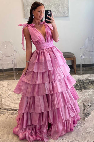 Fairy Ball Gown V Neck Pink Tiered Organza Long Prom Dress