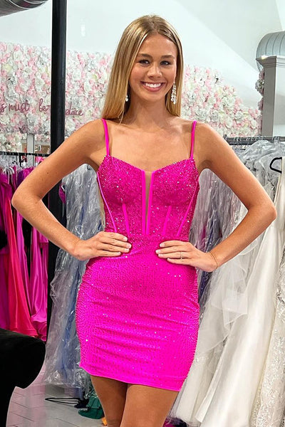 Fuchsia Bodycon Spaghetti Straps Short Homecoming Dresses with Beading VK23071901-3