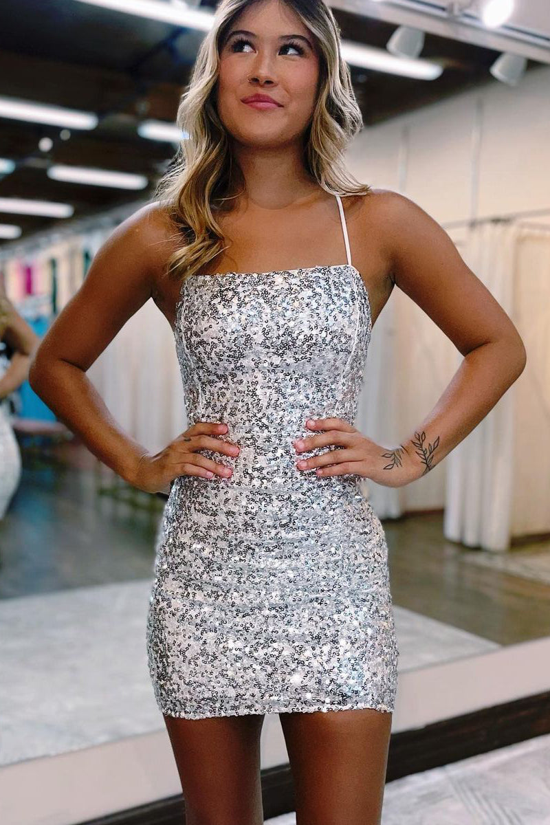 Glitter Bodycon Straps Silver Sequins Short Homecoming Dresses VK23080605-1