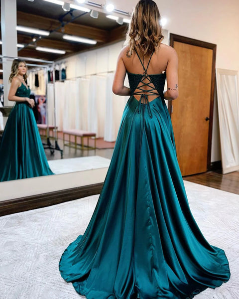 Cute A Line V Neck Royal Blue Satin Long Pockets Prom Dresses with Slit VK112601