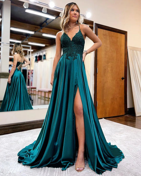 Cute A Line V Neck Royal Blue Satin Long Pockets Prom Dresses with Slit VK112601