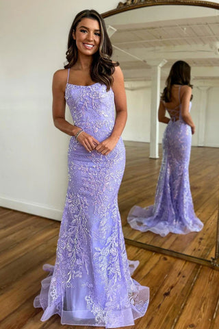 Gorgeous Mermaid Scoop Neck Lilac Sequin Lace Long Prom Dresses VK23103102-1