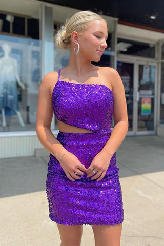 Grape Sequins One Shoulder Bodycon Short Homecoming Dresses VK23062903