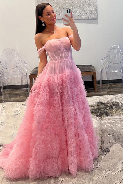 Fairy Ball Gown Off the Shoulder Pink Tiered Tulle Long Prom Dress