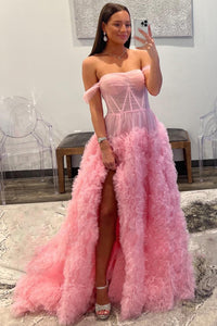 Fairy Ball Gown Off the Shoulder Pink Tiered Tulle Long Prom Dress