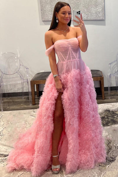 Fairy Ball Gown Off the Shoulder Pink Tiered Tulle Long Prom Dress