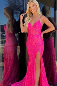 Hot Pink Sequins Lace Spaghetti Straps Mermaid Prom Dress VK23100311