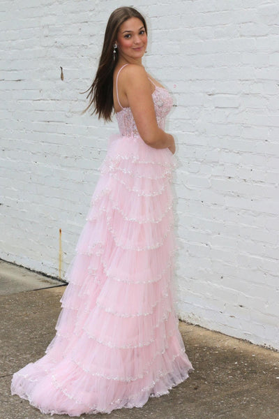 Cute A Line V Neck Pink Cutout Sequined Layered Long Prom Dress