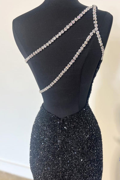 Chic Cute Mermaid One Sholder Black Sequins Prom Dresses with Beading