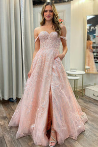 Sparkly Sweetheart Sequins Lace Satin Long Prom Dresses with Slit