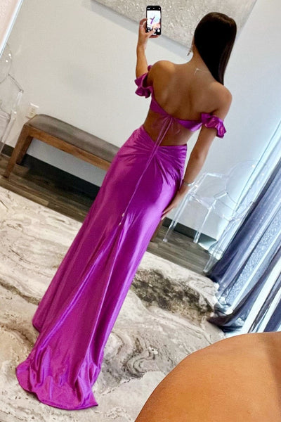 Chic Mermaid Off the Shoulder Lilac Satin Long Mermaid Prom Dresses