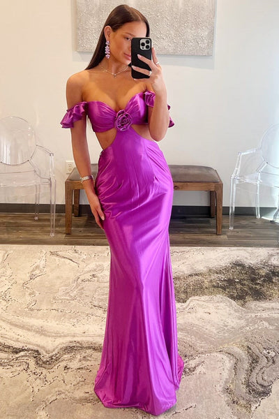 Chic Mermaid Off the Shoulder Lilac Satin Long Mermaid Prom Dresses