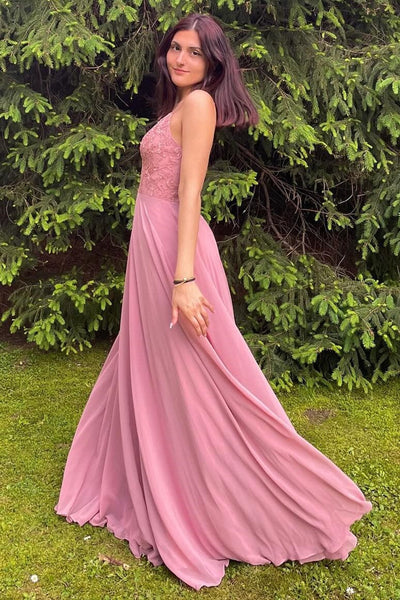 Fairy A Line V Neck Chiffon Pink Long Bridesmaid Dress with Lace