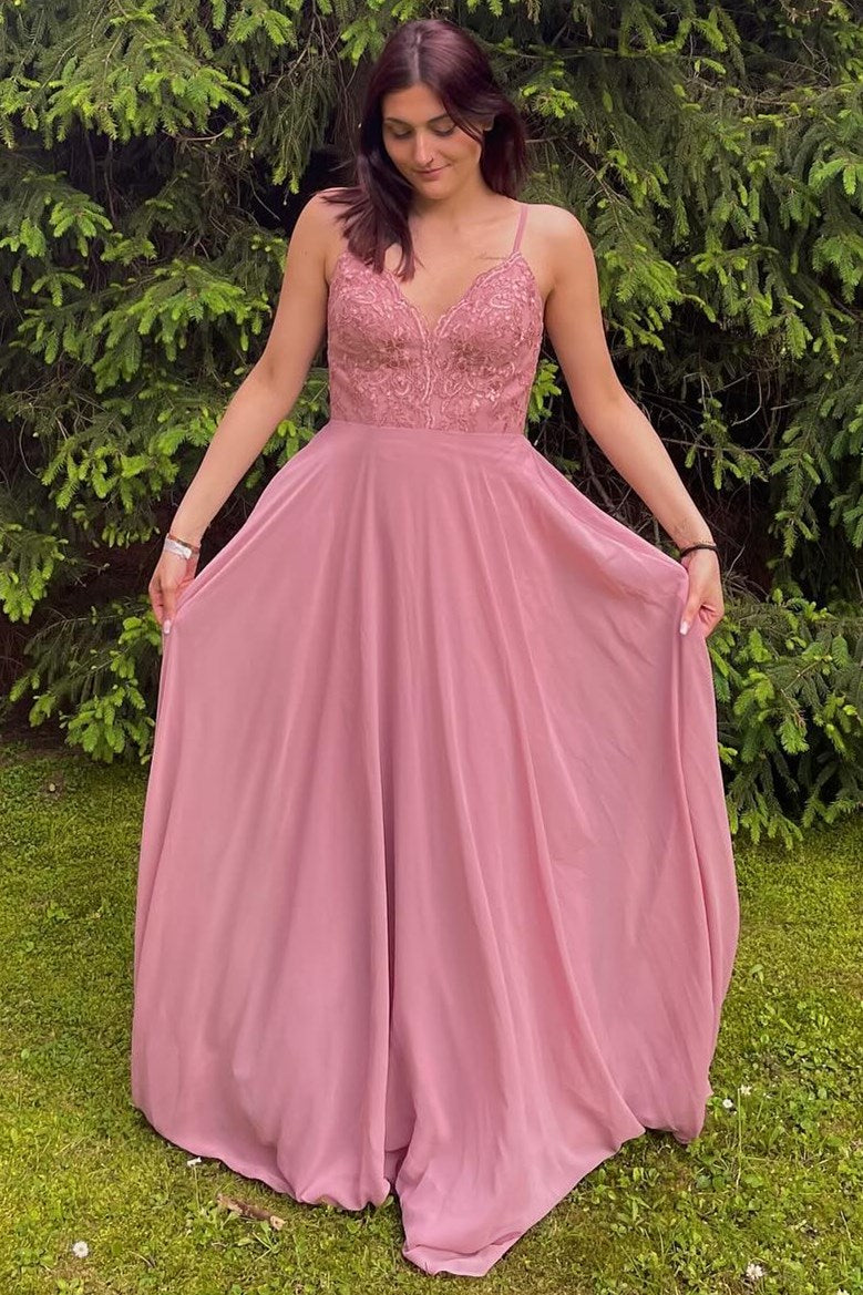 Fairy A Line V Neck Chiffon Pink Long Bridesmaid Dress with Lace