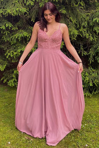 Fairy A Line V Neck Chiffon Pink Long Bridesmaid Dress with Lace