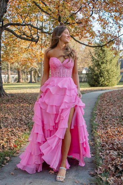 Cute A Line Sweetheart Tiered Chiffon Long Prom Dress with Slit VK25013107