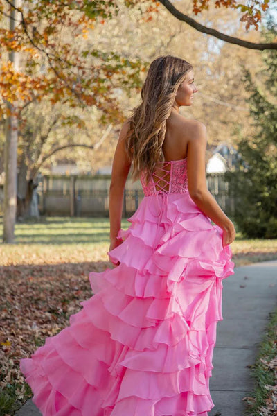 Cute A Line Sweetheart Tiered Chiffon Long Prom Dress with Slit VK25013107