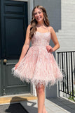 Peach Scoop Neck Appliques Short Homecoming Dress with Feather VK24051904-1