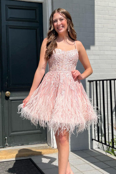 Peach Scoop Neck Appliques Short Homecoming Dress with Feather VK24051904-1