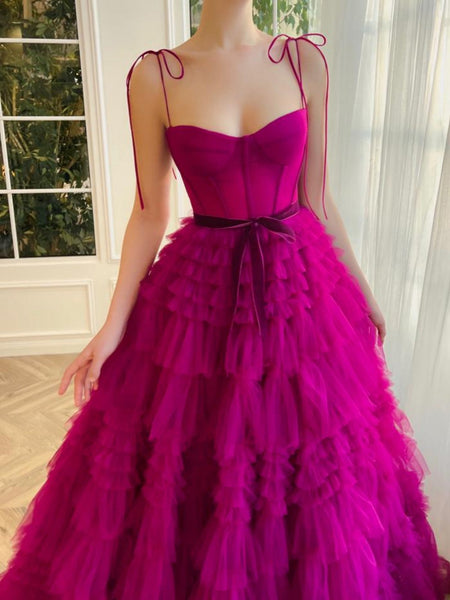 Fashion A Line Sweetheart Fuchsia Tiered Tulle Prom Dresses