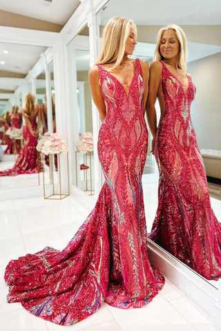 Pretty Fuchsia Sequin Lace V Neck Mermaid Long Prom Dresses VK23120503-1