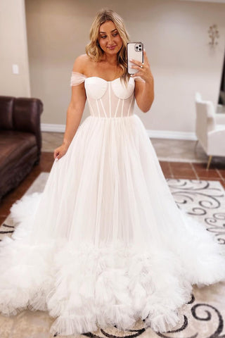 A-Line Off the Shoulder White Tulle Wedding Dresses VK23112507