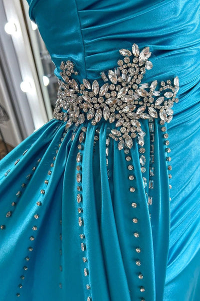 Cute Scoop Neck Teal Beaded Prom Dresses with Slit