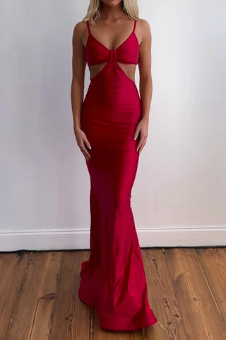 Sexy Red Spaghetti Straps Cut Out Long Prom Dress with Slit VK24010201-1