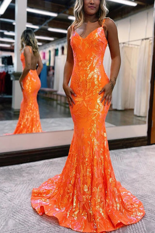 Sparkly Mermaid V Neck Orange Sequins Long Prom Dresses VK23012901-1