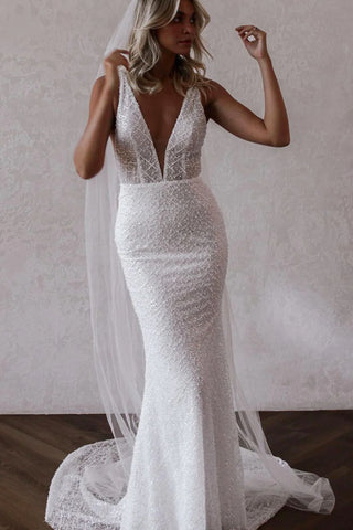 Sparkly Mermaid V Neck Sequins Lace Long Wedding Dresses VK23052103-1