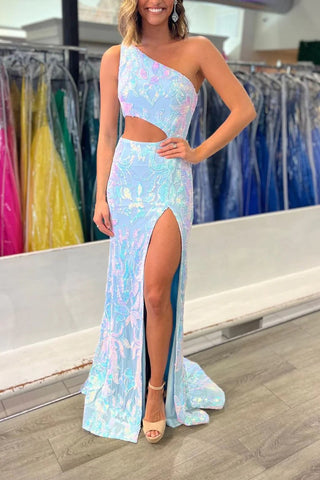 Sparkly One Shoulder Mermaid Sequins Lace Prom Dresses with Slit VK23010802-1