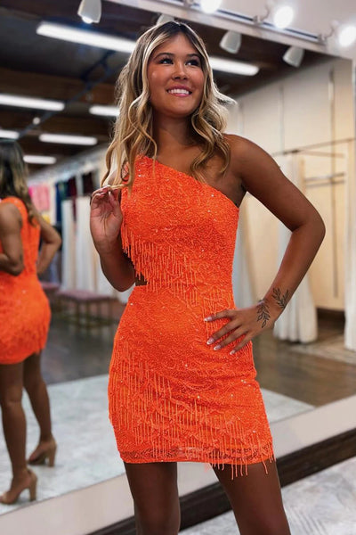 Sparkly Orange Sequins Beaded One Shoulder Tight Homecoming Dress VK23062301