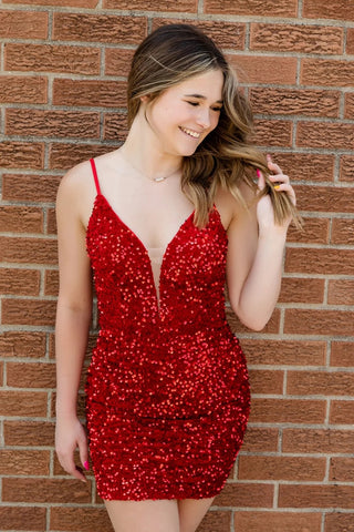 Sparkly Red Sequin V Neck Tight Short Homecoming Dress VK23091802