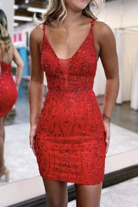 Sparkly Red Sequins V Neck Tight Short Homecoming Dress VK23091808